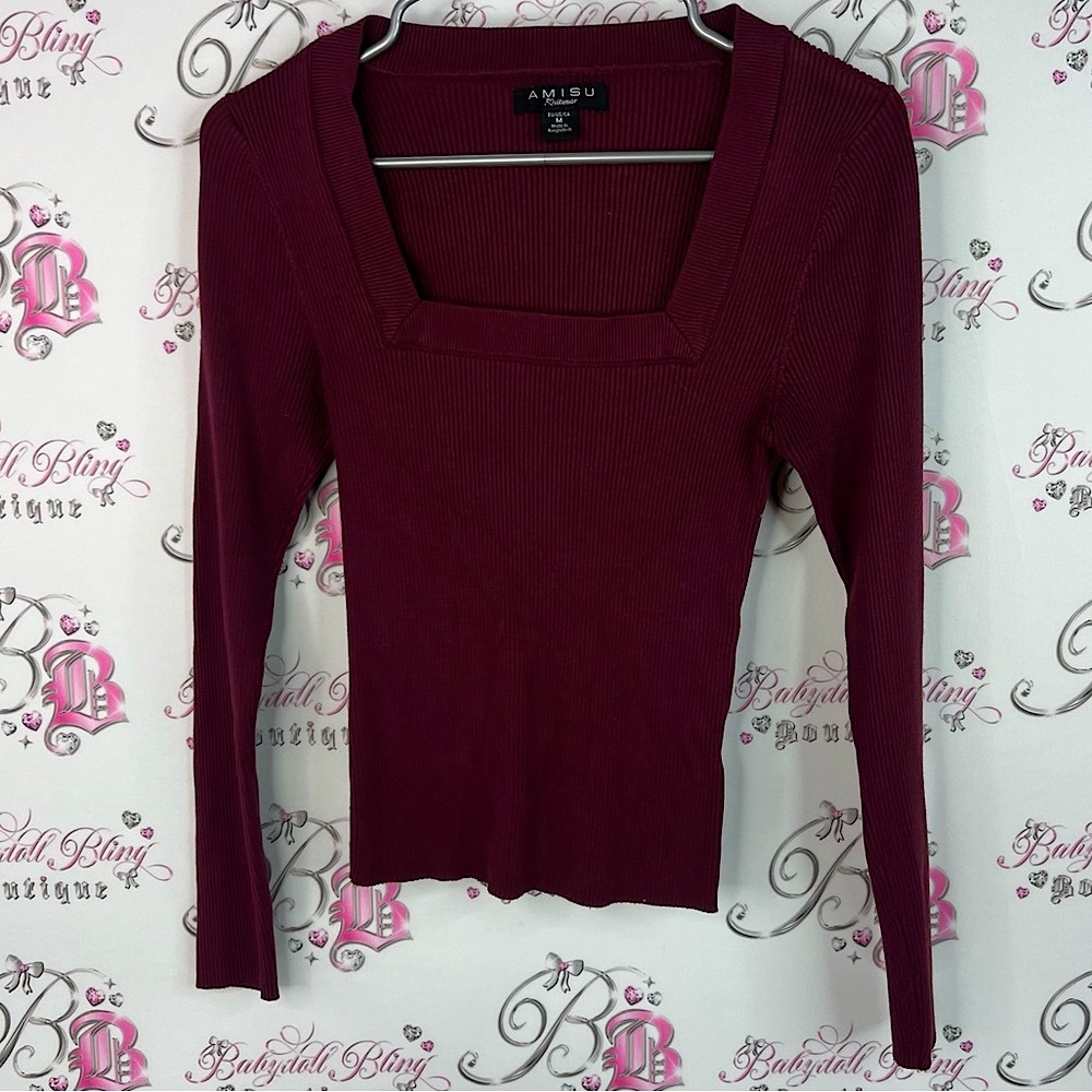 Amisu sweater ribbed material wine Deep Red Square Neck Blouse